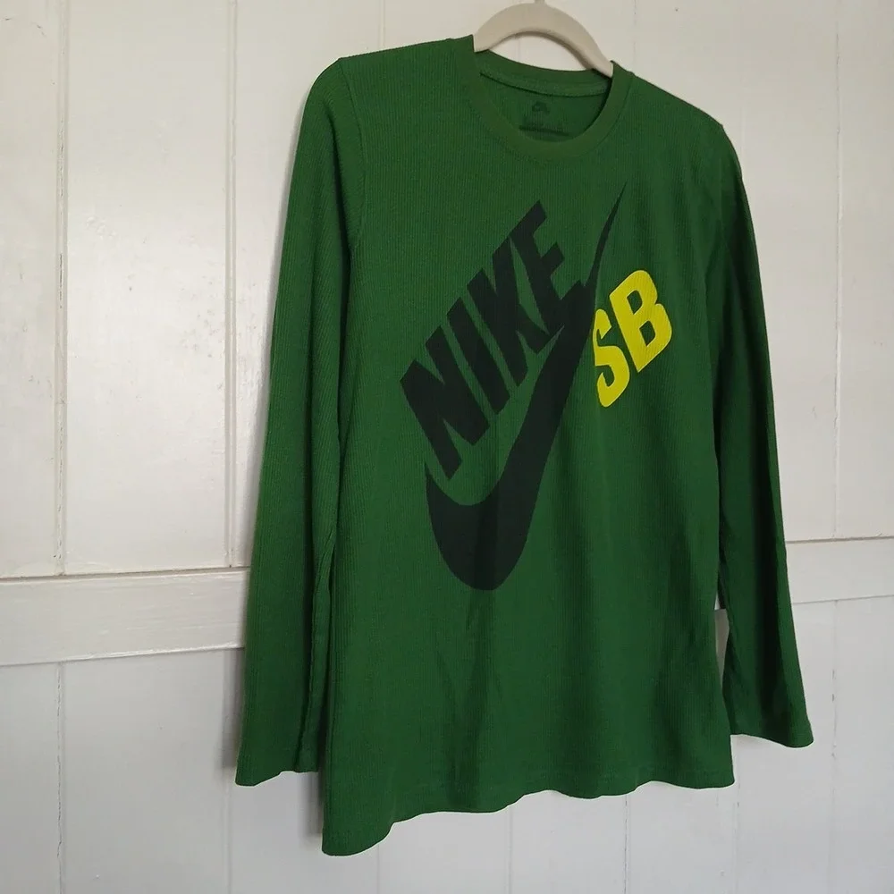Nike SB Shirt Logo Spell Out Thermal Waffle Knit Youth XL Green Skateboard LS